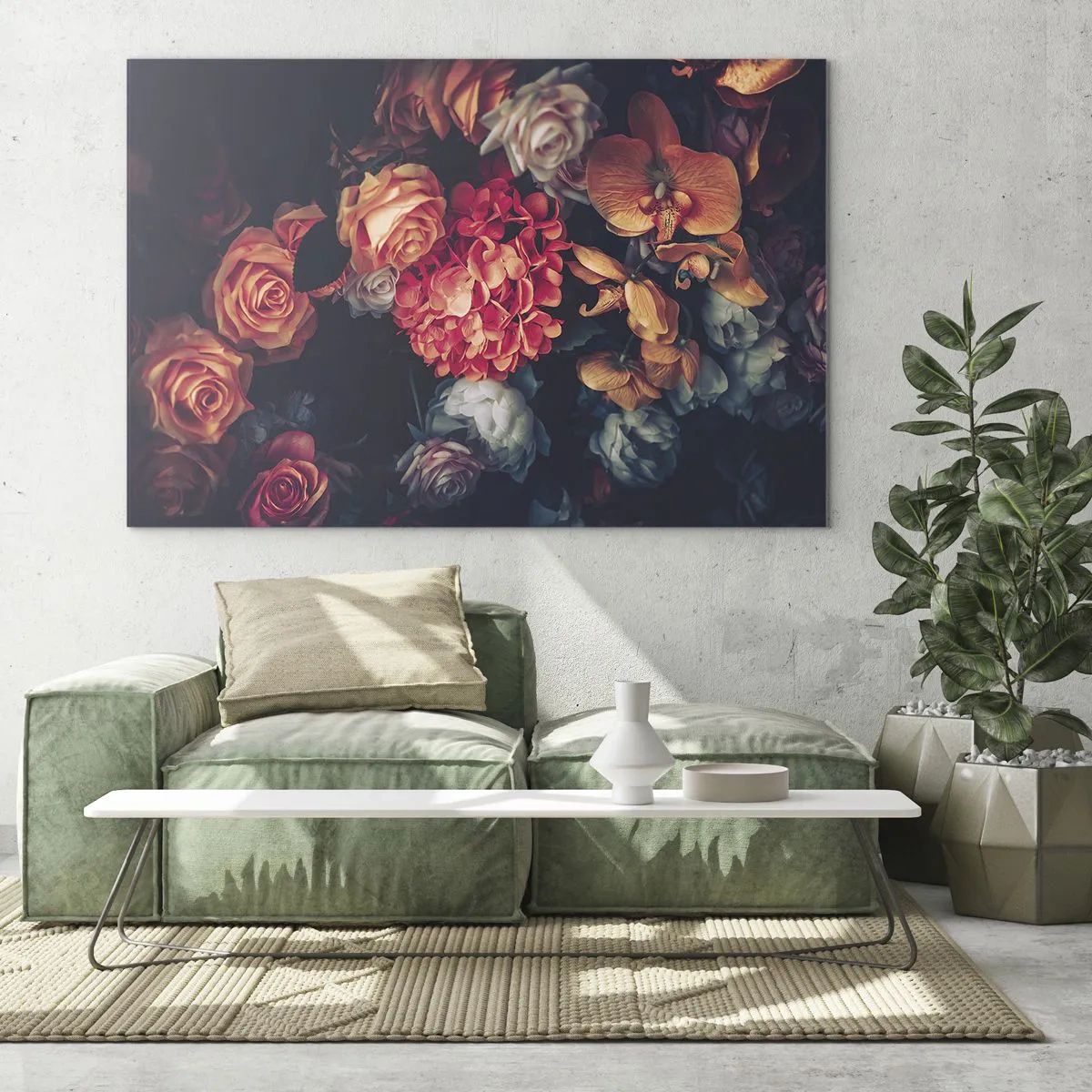 Impression sur verre - Image sur verre - Composition florale sombre avec des roses et des orchidées - 70x50cm - Comme chez les maîtres hollandais - Décoration murale moderne pour le salon et la chambre ARTTOR