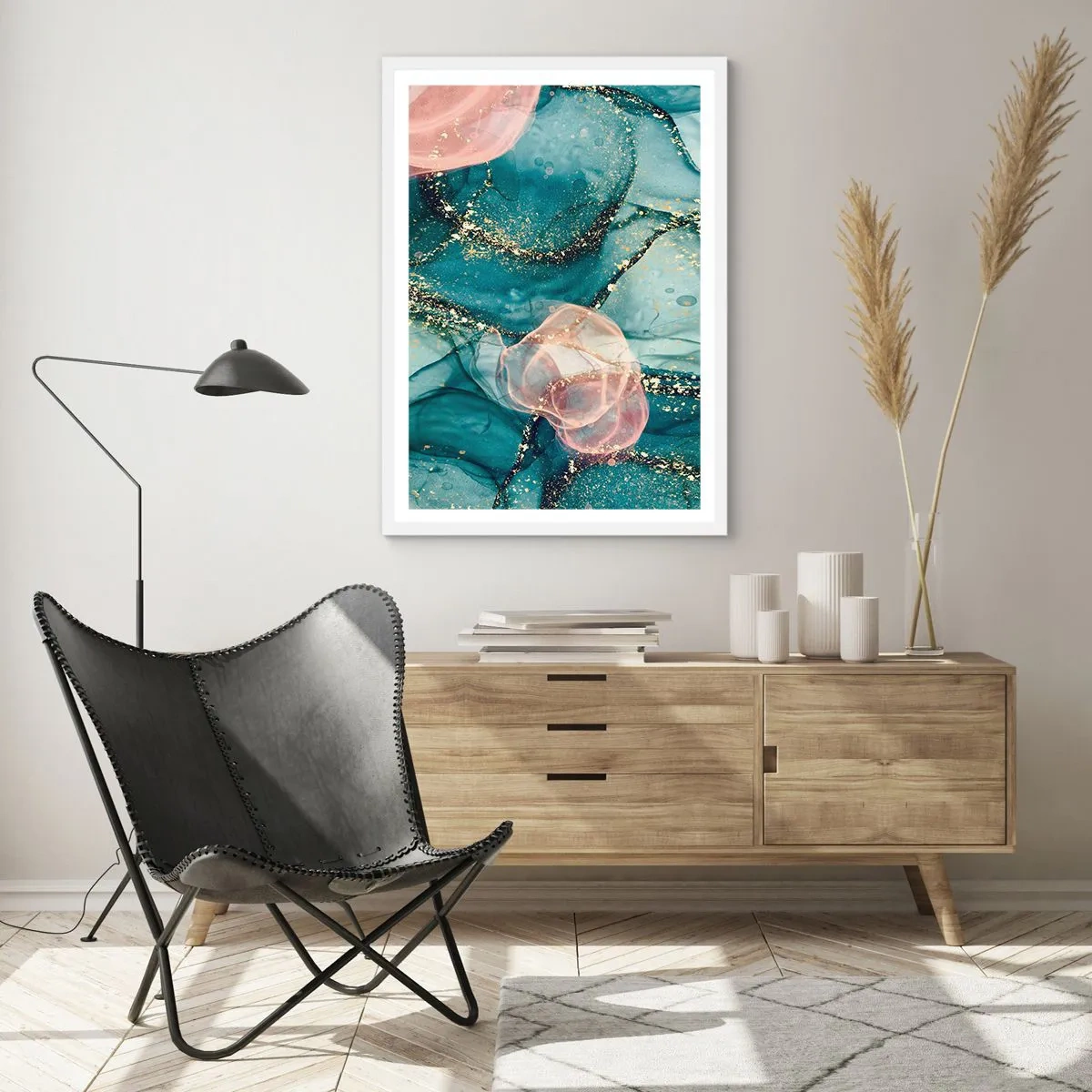 Affiche dans un cadre blanc - Poster - Soie bleu, tulle rose - 40x50 cm