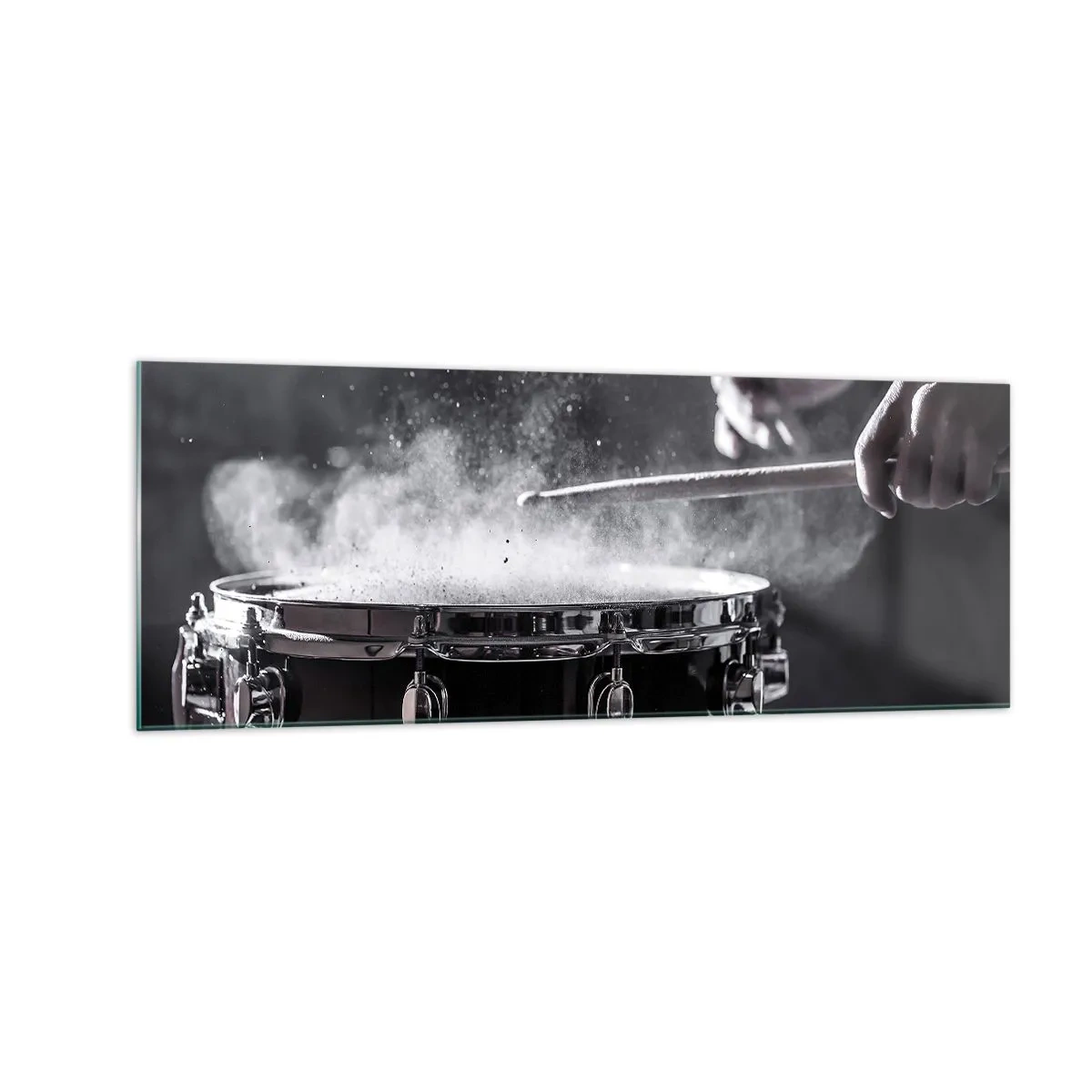 Impression sur verre - Image sur verre - Frapper la caisse claire avec des baguettes avec un effet de poussière - 140x50cm - Tempo de la musique - Décoration murale moderne pour le salon et la chambre ARTTOR