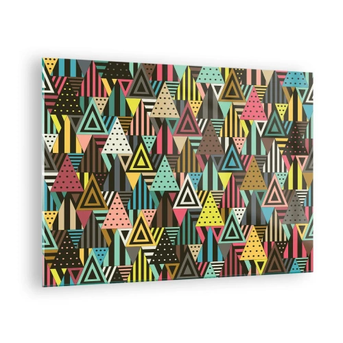 Impression sur verre - Image sur verre - Une composition abstraite avec des triangles aux couleurs intenses. - 70x50cm - En rythme de trois - Décoration murale moderne pour le salon et la chambre ARTTOR