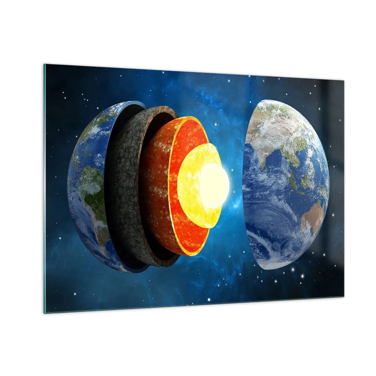 Impression sur verre - Image sur verre - Une coupe transversale de la Terre montrant ses couches sur fond d'espace. - 100x70cm - Voyage au centre de la terre - Décoration murale moderne pour le salon et la chambre ARTTOR