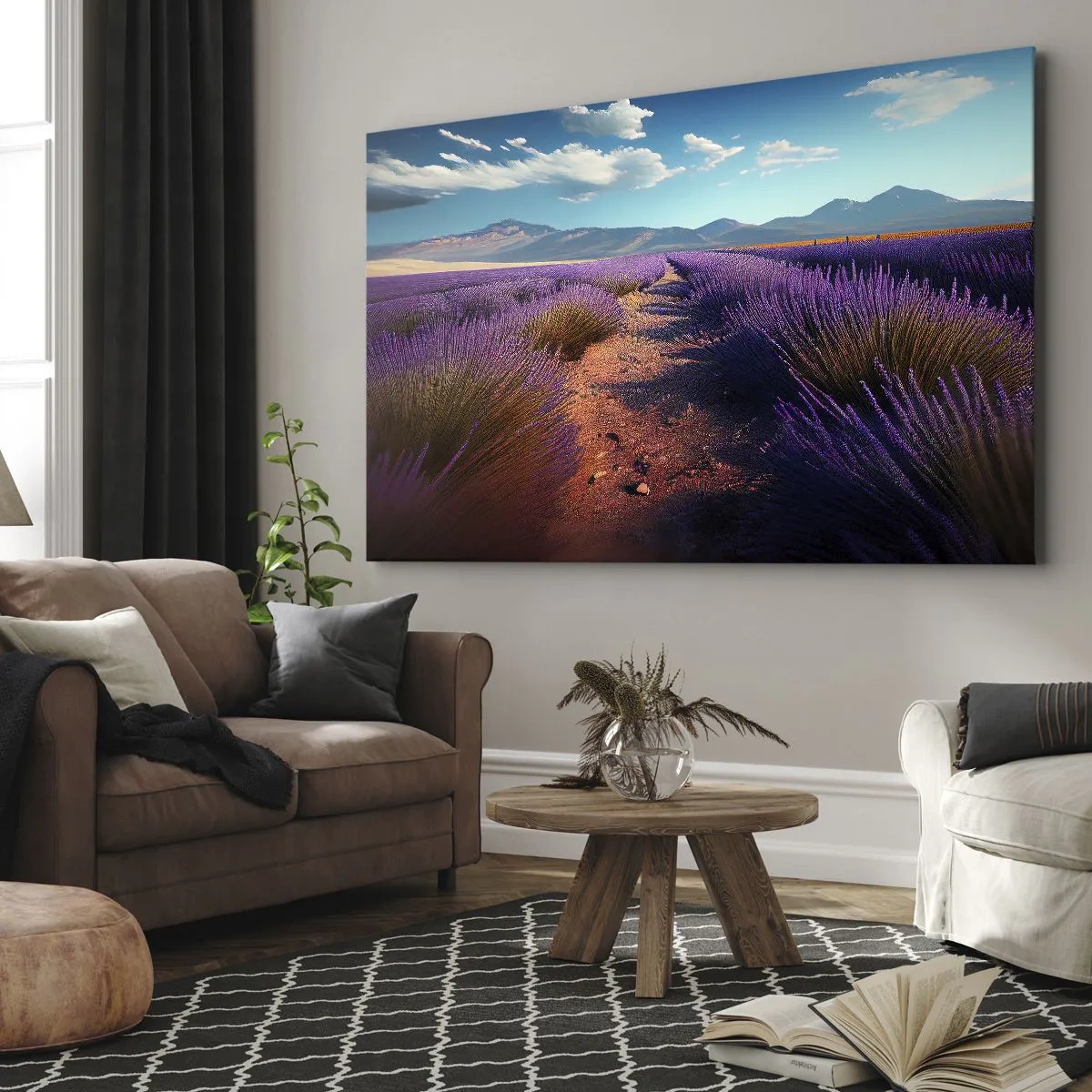 Impression sur toile - Image sur toile - Un champ de lavande avec vue sur les montagnes et le ciel bleu - 120x80cm - Champs parfumés - Décoration murale moderne pour le salon et la chambre ARTTOR
