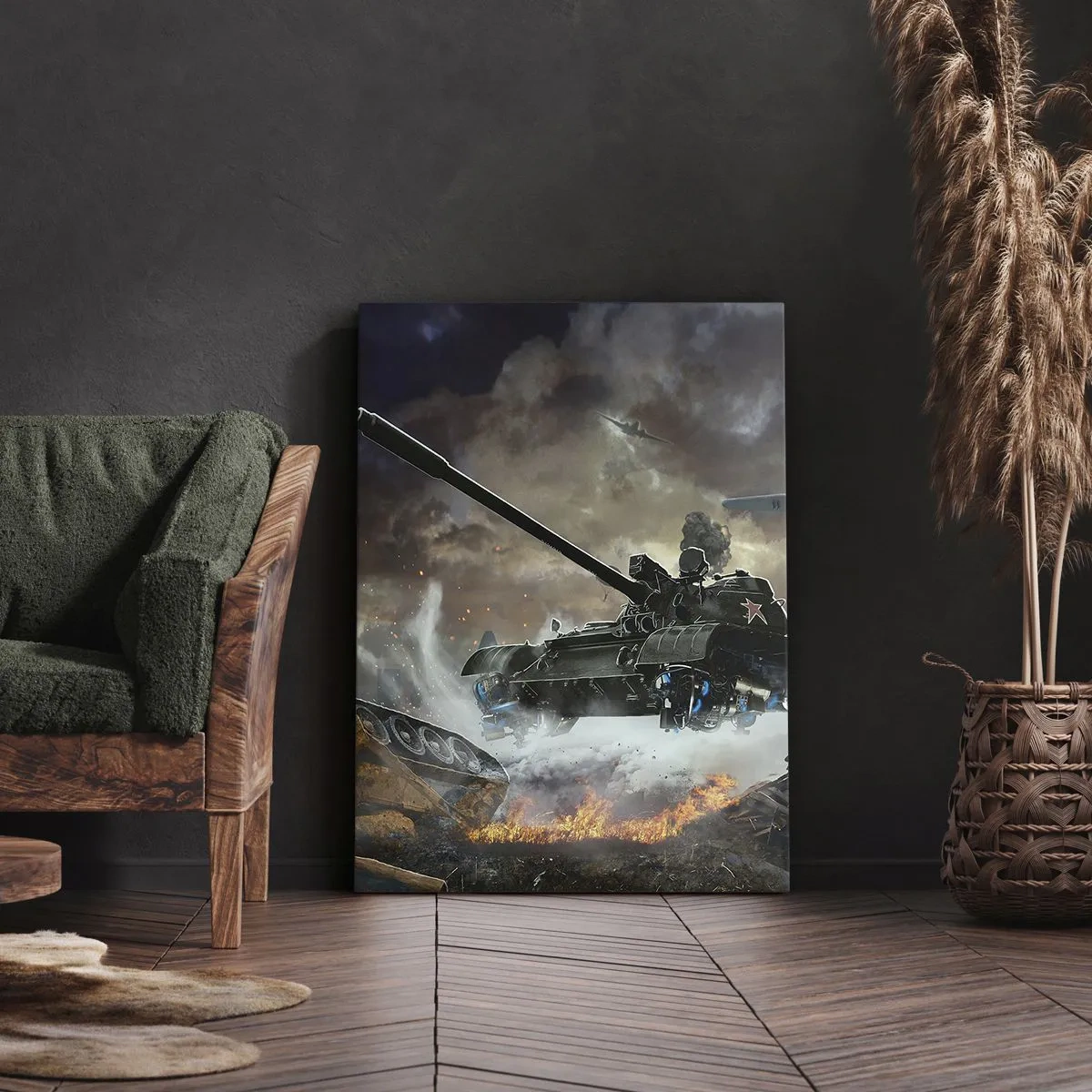 Impression sur toile - Image sur toile - Scène de bataille avec des chars et des avions en arrière-plan - 50x70cm - La bataille est terrible et belle - Décoration murale moderne pour le salon et la chambre ARTTOR