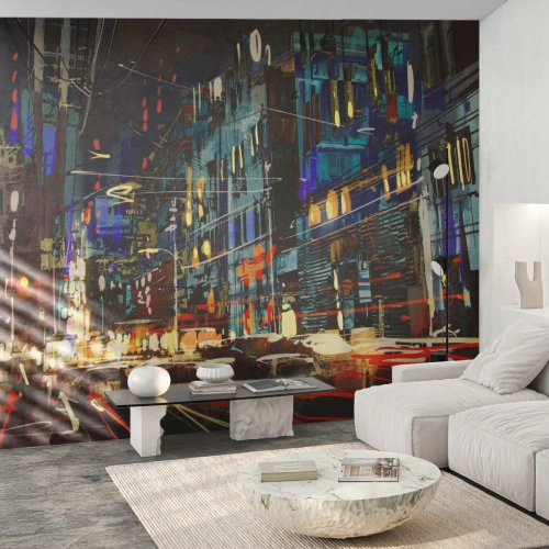 Papier Peint Photo Premium Canvas - L'agitation de la rue en soirée - Ville, Architecture, Vie nocturne - 350x256 cm