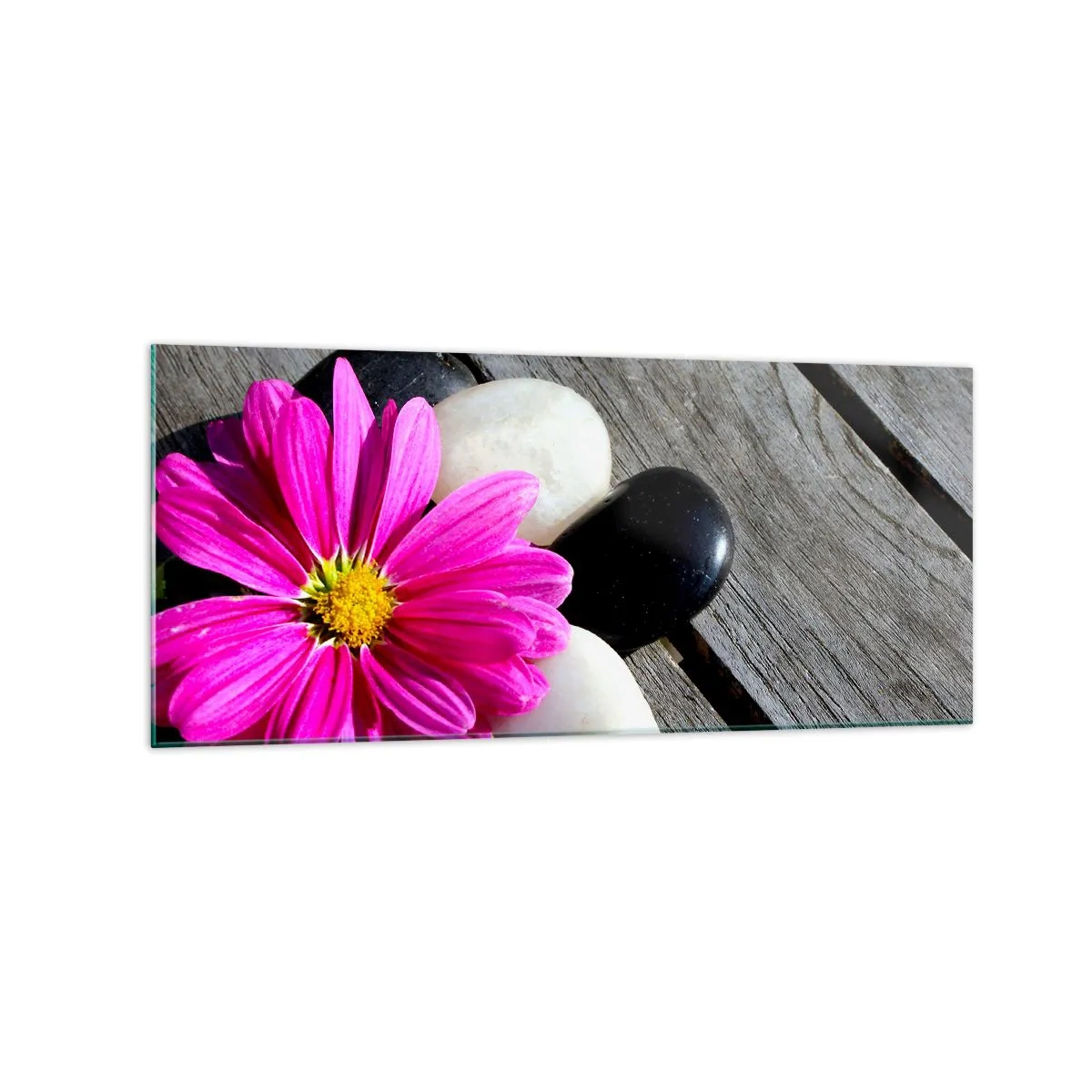 Impression sur verre - Image sur verre - Fleur rose sur un fond de planches de bois avec des pierres - 120x50cm - Repos sur la jetée - Décoration murale moderne pour le salon et la chambre ARTTOR