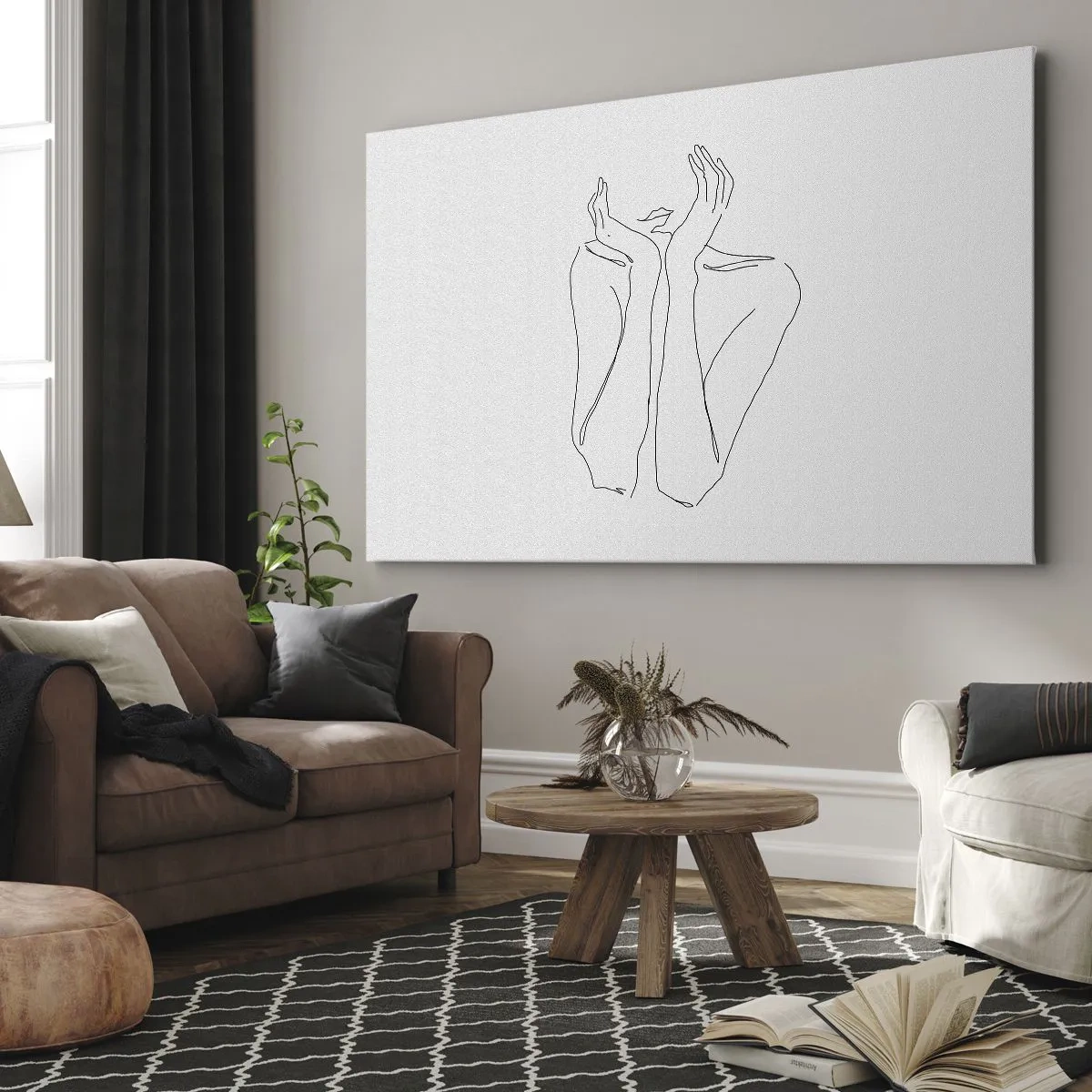 Impression sur toile - Image sur toile - Dessin au trait minimaliste du visage et des mains - 120x80cm - De quoi rêvent les femmes - Décoration murale moderne pour le salon et la chambre ARTTOR