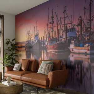 Papier Peint Photo Premium Sand - Port de pêche au coucher du soleil avec reflet dans l'eau - 100x70cm - Avant le jour suivant - Décoration murale moderne pour le salon et la chambre ARTTOR