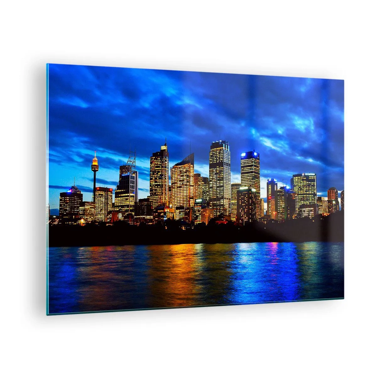 Impression sur verre - Image sur verre - Panorama de la ville nocturne reflétée dans l'eau - 70x50cm - Une nuit de lumières et de couleurs - Décoration murale moderne pour le salon et la chambre ARTTOR