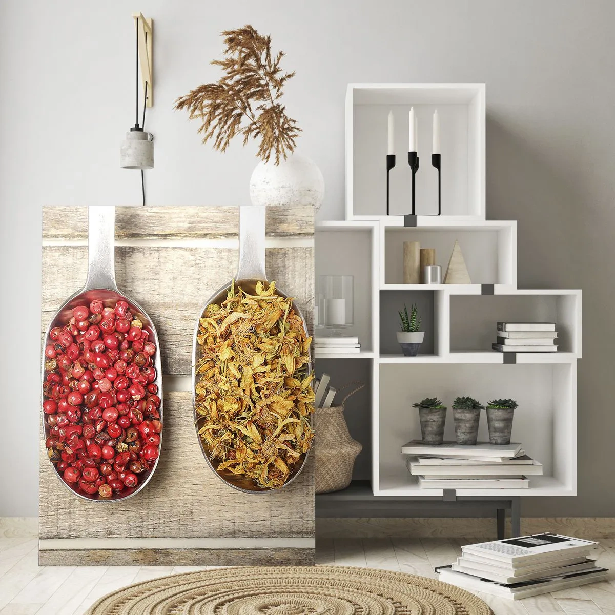 Impression sur verre - Image sur verre - Trois cuillères en métal avec des épices sur un fond en bois - 70x100cm - Magie de la cuisine - Décoration murale moderne pour le salon et la chambre ARTTOR