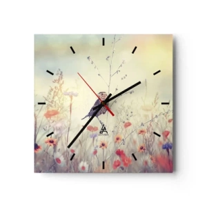 Horloge murale - Pendule murale - Un oiseau sur fond de prairie colorée aux couleurs pastel - 30x30cm - Portrait d'oiseau sur pré en fond - Décoration murale moderne pour le salon et la chambre ARTTOR