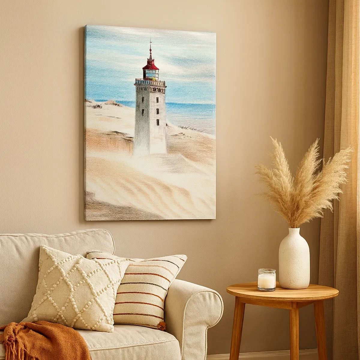 Impression sur toile - Image sur toile - Un phare entouré de dunes de sable et d'un ciel bleu - 50x70cm - Toujours regarder la mer - Décoration murale moderne pour le salon et la chambre ARTTOR