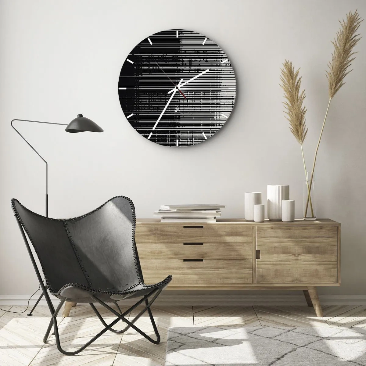 Horloge murale - Pendule murale - Rayures noires et blanches créant l'effet de vagues et de vibrations - 30x30cm - Ondes et vibrations - Décoration murale moderne pour le salon, la cuisine et la chambre ARTTOR