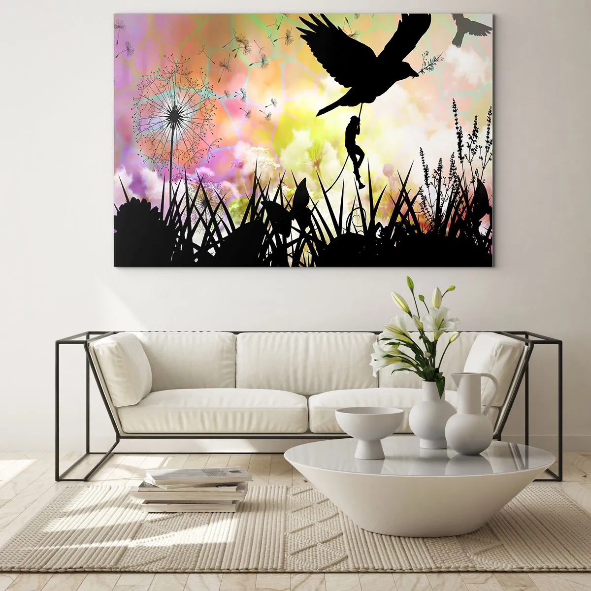 Impression sur verre - Image sur verre - Illustration d'une figure grimpant sur un oiseau sur un fond de fleurs colorées. - 120x80cm - Dans une ambiance de conte de fées - Décoration murale moderne pour le salon et la chambre ARTTOR