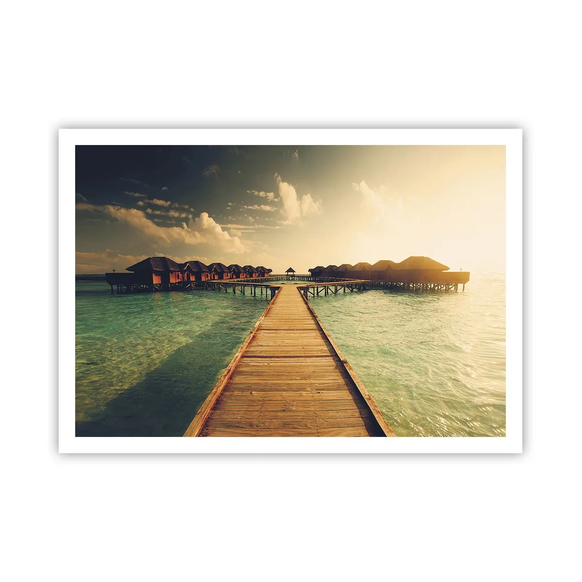 Affiche - Poster - Une jetée en bois menant aux maisons sur l'eau, illuminée par les rayons du soleil. - 100x70cm - Invitation chaleureuse - Décoration murale moderne pour le salon et la chambre ARTTOR