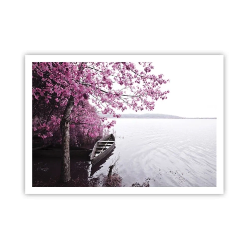 Affiche - Poster - Un bateau au bord d'un lac parmi des arbres roses - 100x70cm - Dans un silence rose - Décoration murale moderne pour le salon et la chambre ARTTOR