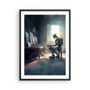 Affiche dans un cadre noir - Poster - Un robot artiste peint des tableaux dans son atelier - 50x70cm - L'acte de création - Décoration murale moderne pour le salon et la chambre ARTTOR