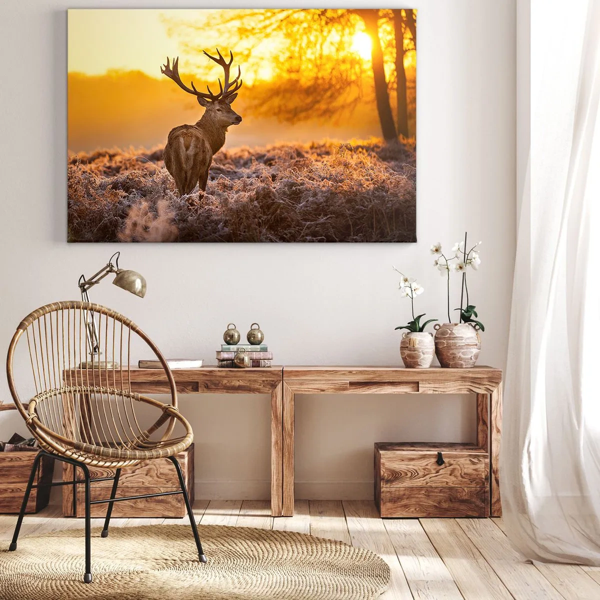 Impression sur toile - Image sur toile - Un cerf sur fond de forêt d'automne illuminée par le soleil doré - 100x70cm - Roi de la forêt automnal - Décoration murale moderne pour le salon et la chambre ARTTOR