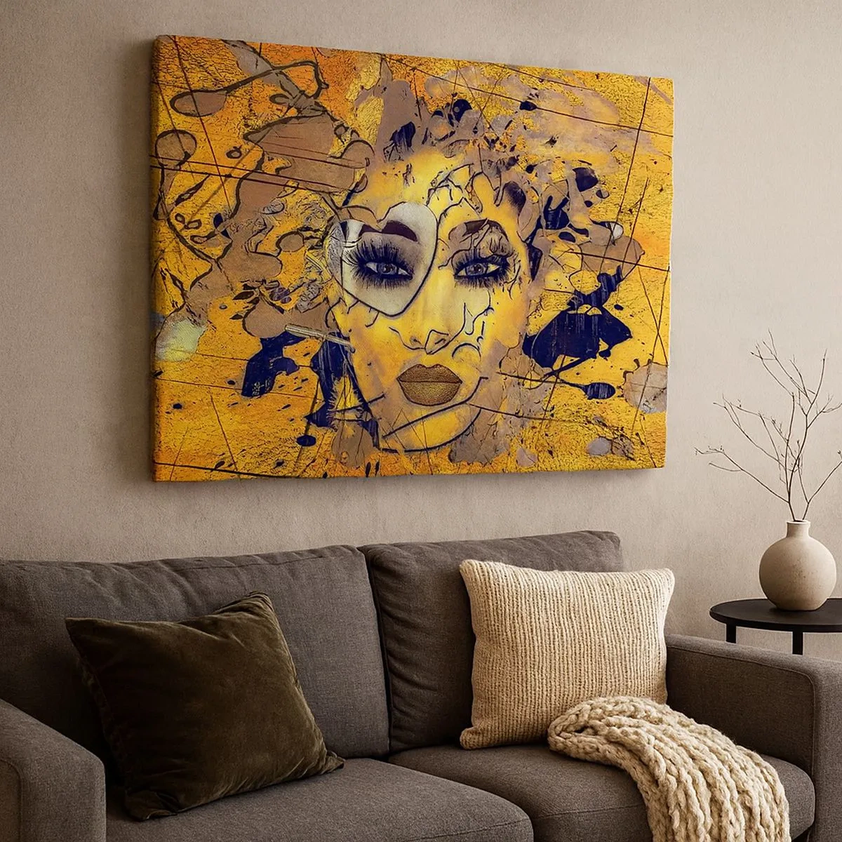 Impression sur toile - Image sur toile - Portrait abstrait d'une femme dans des tons jaune doré - 70x50cm - Beauté ensoleillée - Décoration murale moderne pour le salon et la chambre ARTTOR