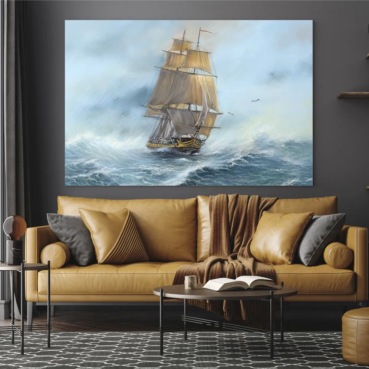 Impression sur verre - Image sur verre - Un voilier sur une mer agitée dans un style pictural - 70x50cm - Se précipitant sur les vagues - Décoration murale moderne pour le salon et la chambre ARTTOR