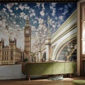 Papier Peint Photo Premium Sand - Panorama de la ville avec une architecture historique et un pont - 100x70cm - Nuages 