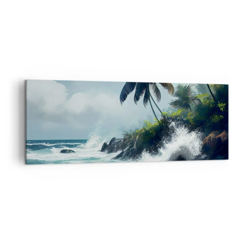 Impression sur toile - Image sur toile - Rivage tropical avec palmiers et mer agitée - 140x50cm - Sur une côte tropicale - Décoration murale moderne pour le salon et la chambre ARTTOR