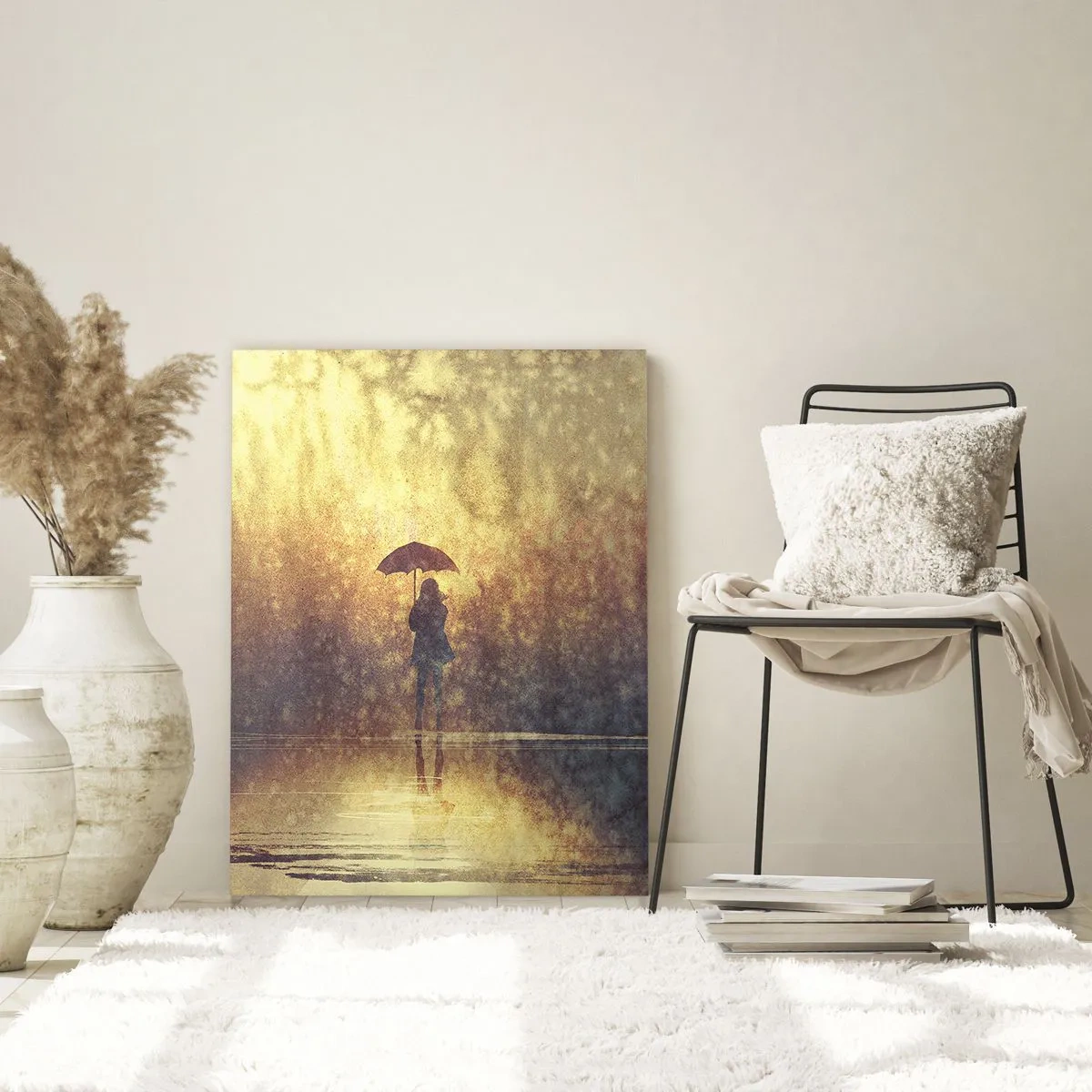 Impression sur verre - Image sur verre - Une silhouette avec un parapluie à la lumière du soleil couchant et de la pluie - 50x70cm - Je sens que quelqu'un me regarde - Décoration murale moderne pour le salon et la chambre ARTTOR
