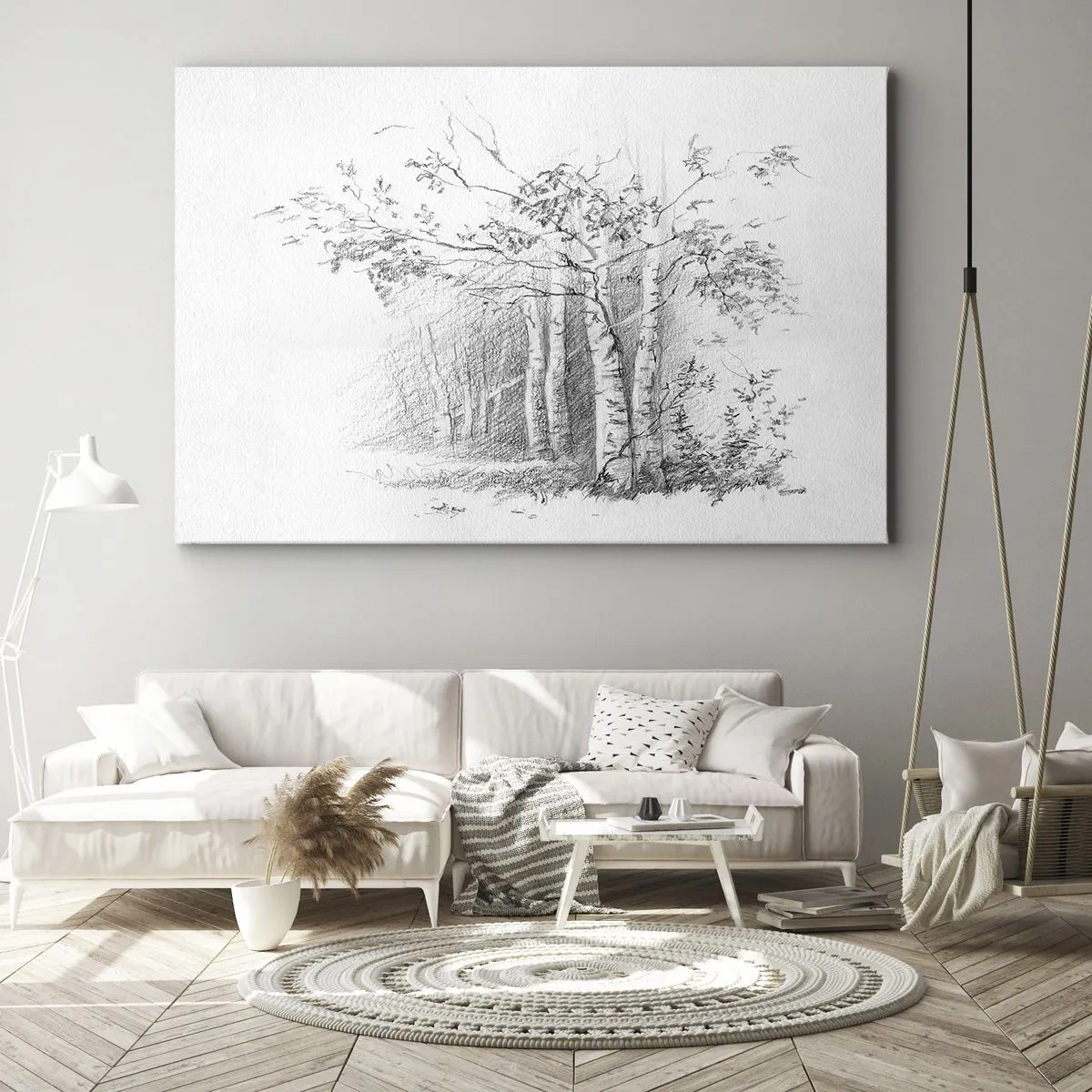 Impression sur toile - Image sur toile - Un dessin d'une forêt de bouleaux dans un croquis au crayon subtil - 120x80cm - Lumière d'une forêt de bouleaux - Décoration murale moderne pour le salon et la chambre ARTTOR