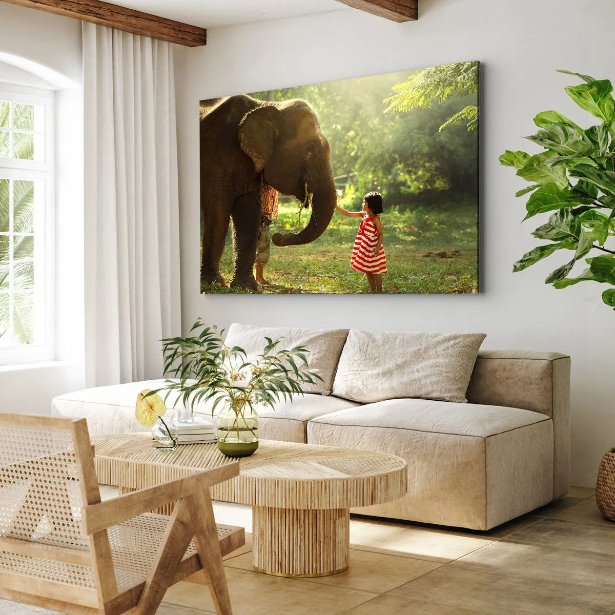 Impression sur toile - Image sur toile - Une fille en robe rouge touchant un éléphant dans la forêt. - 70x50cm - La force de l'amitié - Décoration murale moderne pour le salon et la chambre ARTTOR