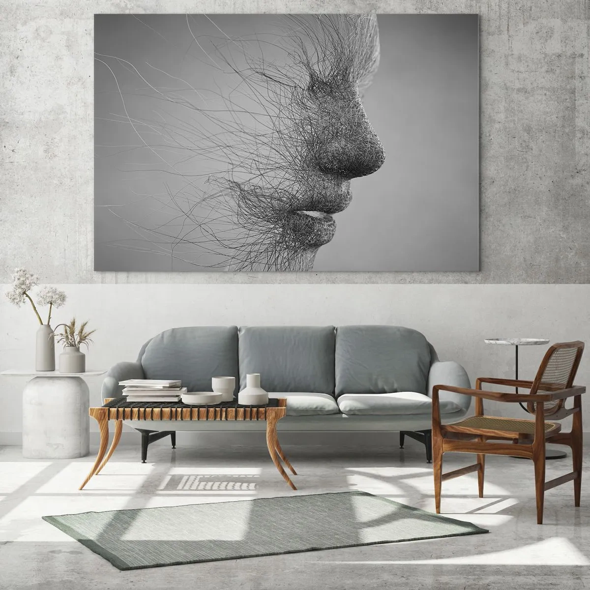 Impression sur verre - Image sur verre - Profil de visage abstrait noir et blanc avec des lignes - 70x50cm - L'esprit du vent - Décoration murale moderne pour le salon et la chambre ARTTOR