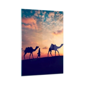 Impression sur verre - Image sur verre - Caravane de chameaux dans le désert au coucher du soleil - 50x70cm - L'esprit mystérieux de l'Orient - Décoration murale moderne pour le salon et la chambre ARTTOR