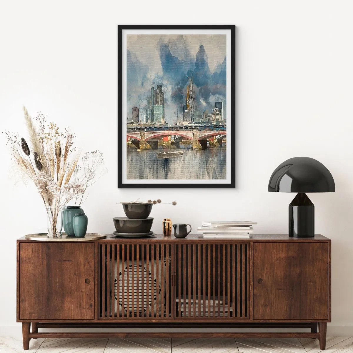Affiche dans un cadre noir - Poster - Paysage urbain avec un pont et des gratte-ciel en arrière-plan - 50x70cm - Londres dans toute sa splendeur - Décoration murale moderne pour le salon et la chambre ARTTOR