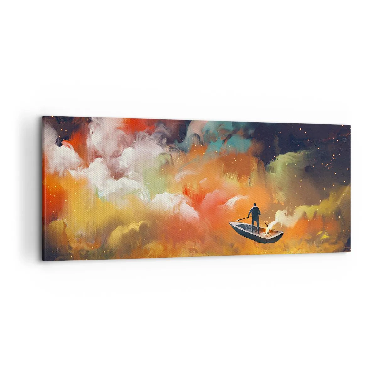 Impression sur toile - Image sur toile - Une silhouette dans un bateau sur un fond de nuages colorés - 120x50cm - En bateau à travers la galaxie - Décoration murale moderne pour le salon et la chambre ARTTOR