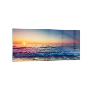 Impression sur verre - Image sur verre - Coucher de soleil sur une mer calme avec des vagues - 120x50cm - Mais quel horizon ? - Décoration murale moderne pour le salon et la chambre ARTTOR