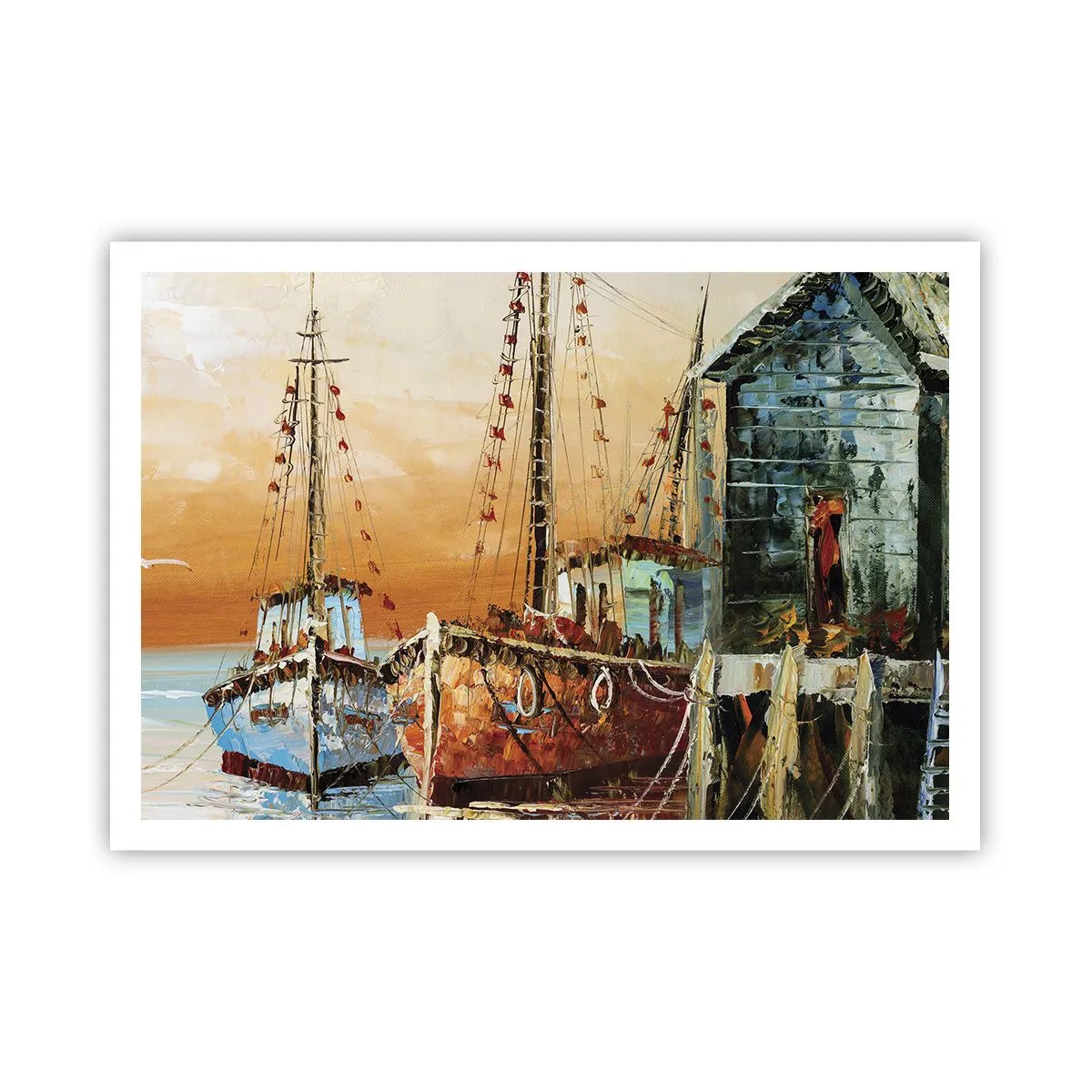 Affiche - Poster - Bateaux sur le rivage dans la chaude lumière du coucher de soleil - 100x70cm - Retour tranquille - Décoration murale moderne pour le salon et la chambre ARTTOR