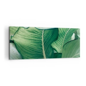 Impression sur toile - Image sur toile - Feuilles vertes avec des détails et une structure expressifs - 120x50cm - Une vie intensément verte - Décoration murale moderne pour le salon et la chambre ARTTOR