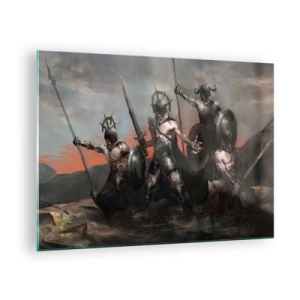 Impression sur verre - Image sur verre - Guerriers avec des lances et des boucliers contre le ciel rouge - 70x50cm - Avec ou sur un bouclier - Décoration murale moderne pour le salon et la chambre ARTTOR