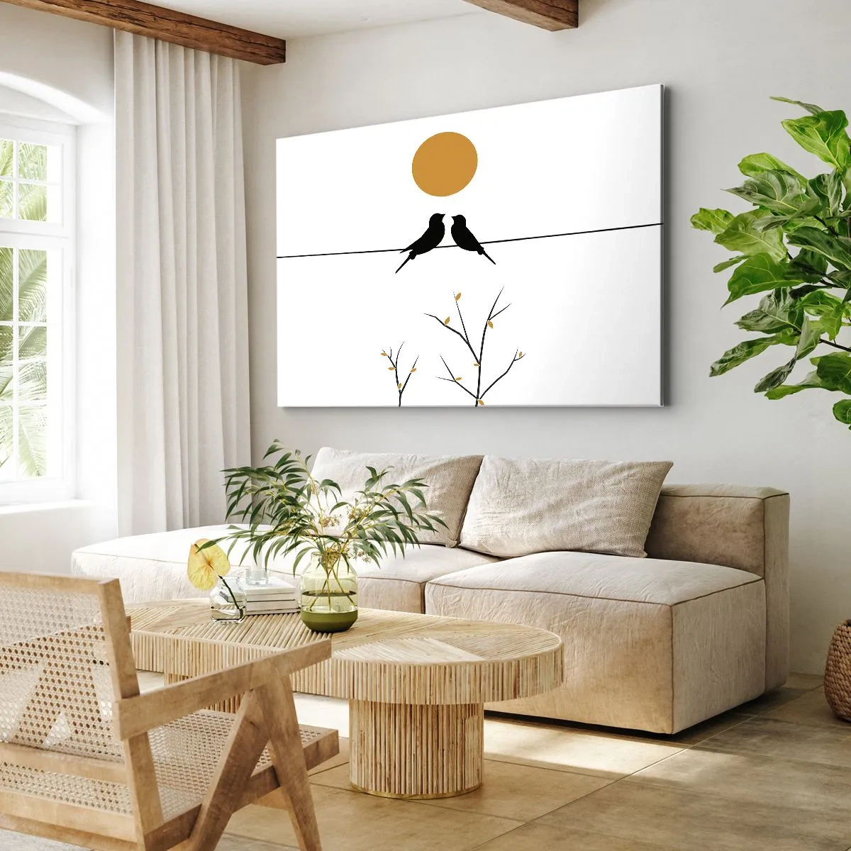 Impression sur toile - Image sur toile - Oiseaux sur une ligne avec un soleil jaune - 100x70cm - Soirée pour rossignols - Décoration murale moderne pour le salon et la chambre ARTTOR