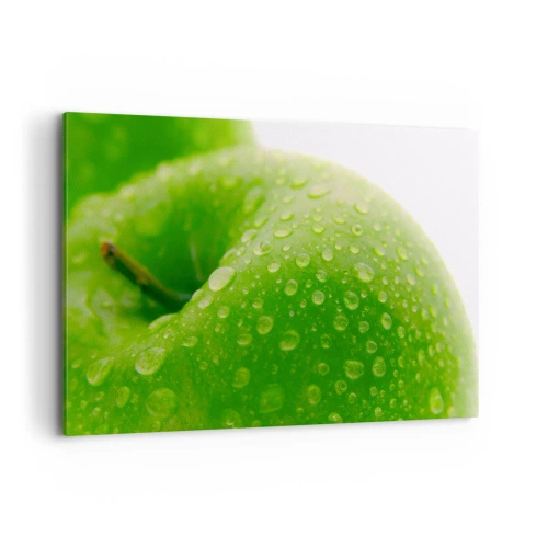 Impression sur toile - Image sur toile - Gros plan d'une pomme verte avec des gouttes d'eau - 100x70cm - Fraîcheur de verdure fraîche - Décoration murale moderne pour le salon et la chambre ARTTOR