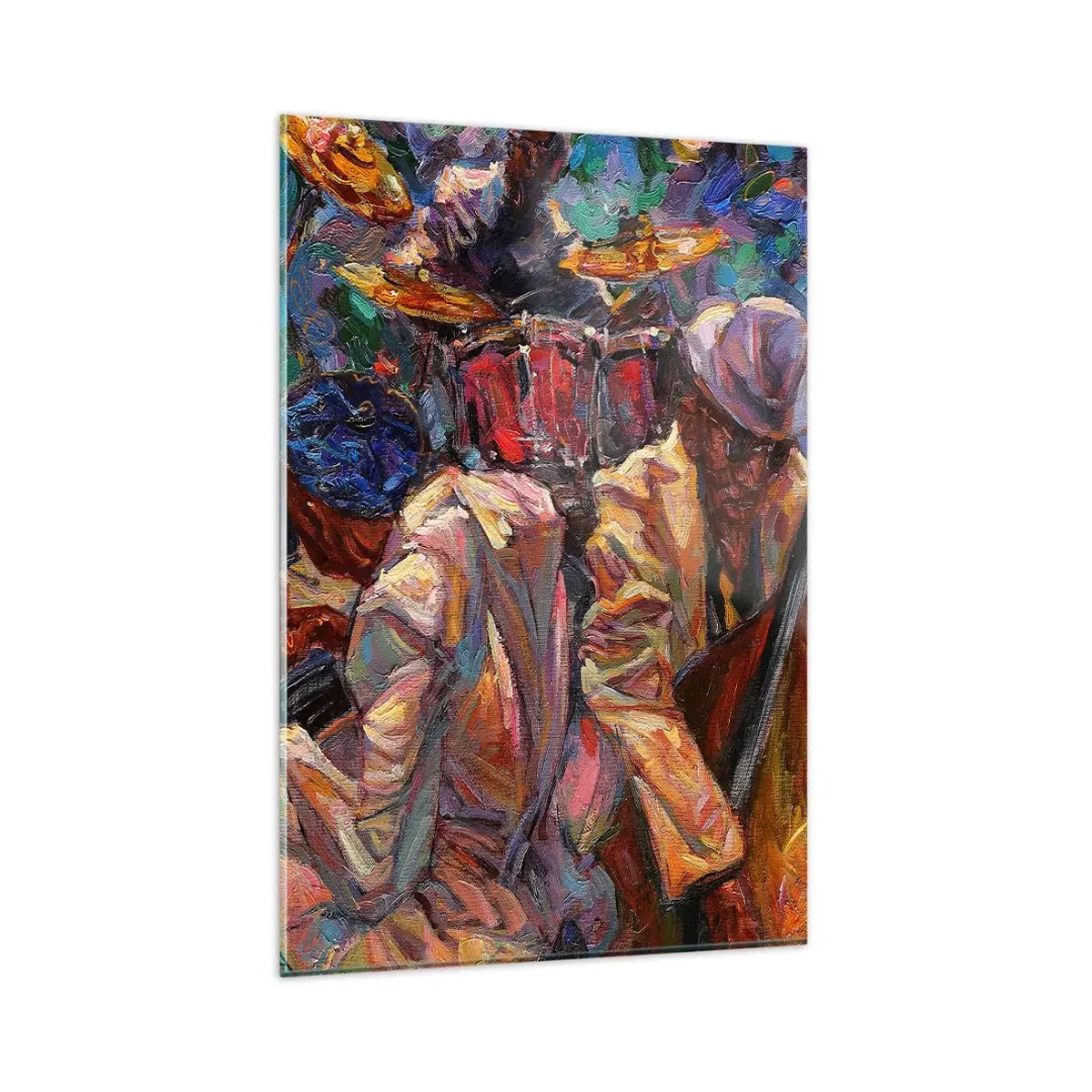 Impression sur verre - Image sur verre - Scène de jazz énergique avec musiciens et instruments - 80x120cm - Dans le même tempo - Décoration murale moderne pour le salon et la chambre ARTTOR