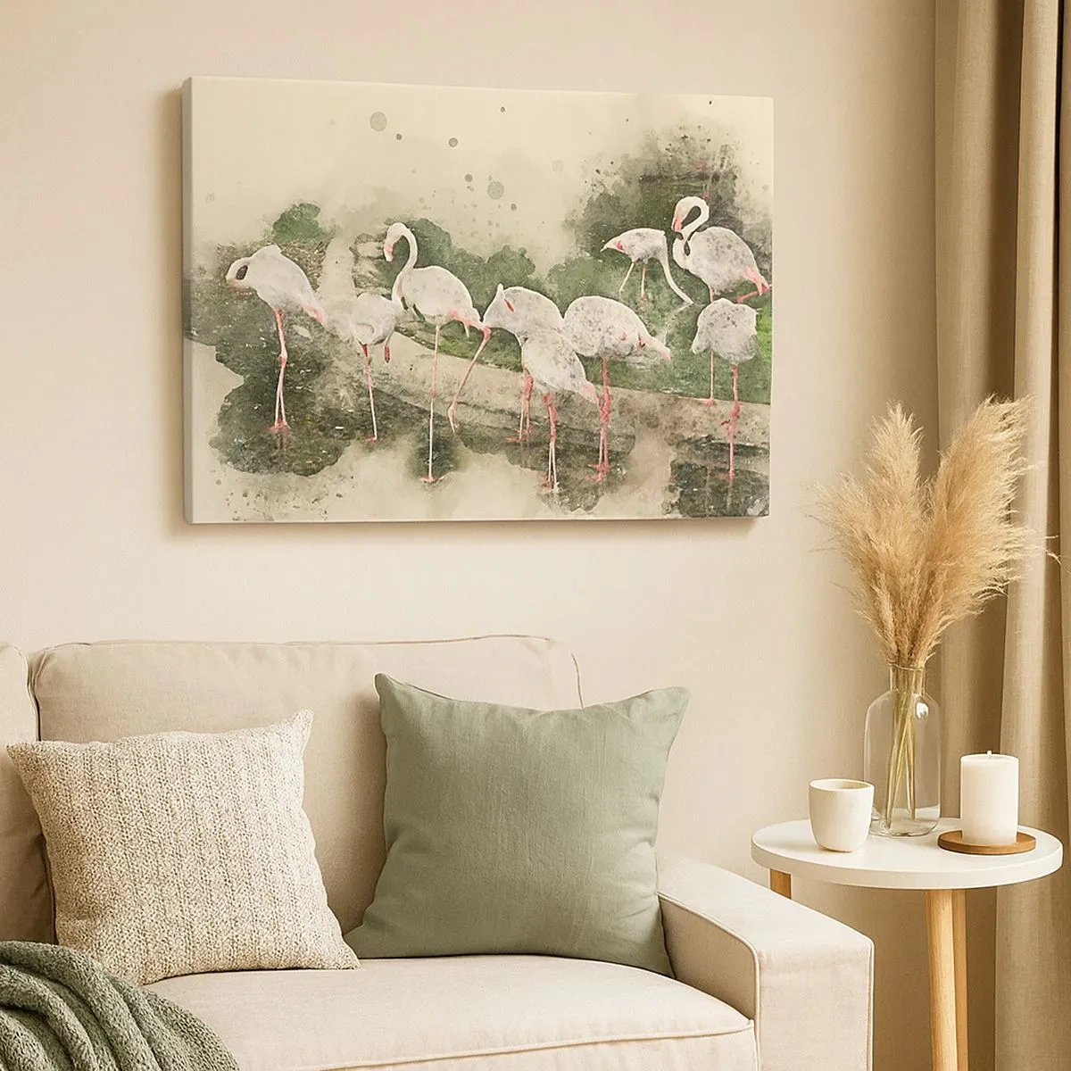 Impression sur toile - Image sur toile - Flamants roses dans leur environnement naturel dans un style aquarelle - 70x50cm - Rêve exotique - Décoration murale moderne pour le salon et la chambre ARTTOR