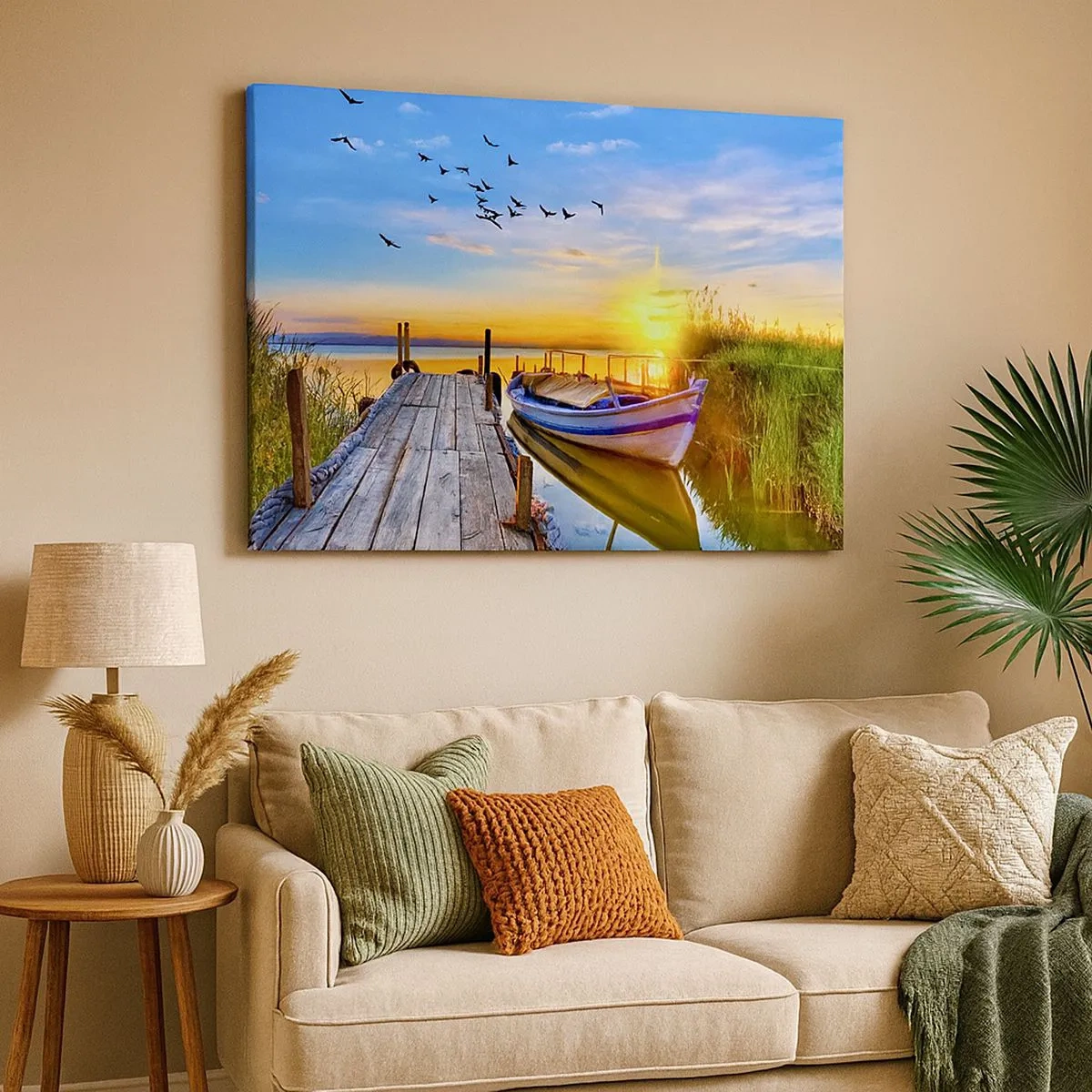 Impression sur toile - Image sur toile - Un bateau sur une jetée en bois au coucher du soleil - 70x50cm - Au revoir, à demain - Décoration murale moderne pour le salon et la chambre ARTTOR