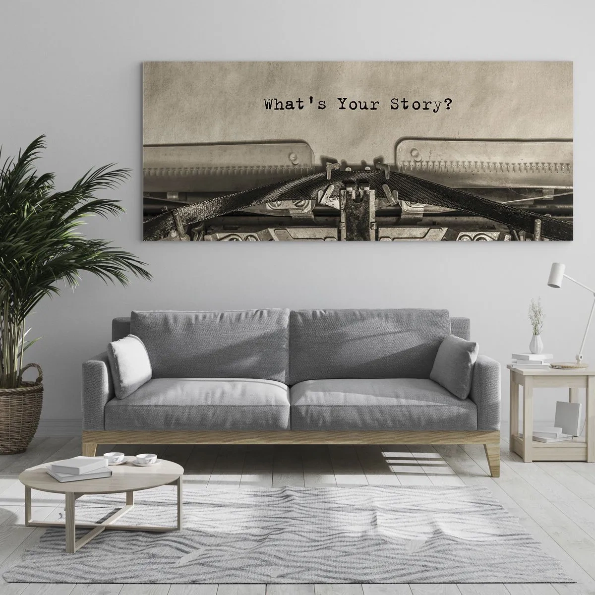 Impression sur verre - Image sur verre - Une machine à écrire avec les mots « Quelle est votre histoire ? » - 160x50cm - Réponds-moi - Décoration murale moderne pour le salon et la chambre ARTTOR