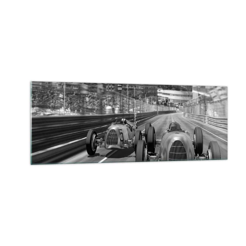 Impression sur verre - Image sur verre - Scène de course automobile rétro monochrome - 140x50cm - Il y a longtemps à Monté Carlo - Décoration murale moderne pour le salon et la chambre ARTTOR