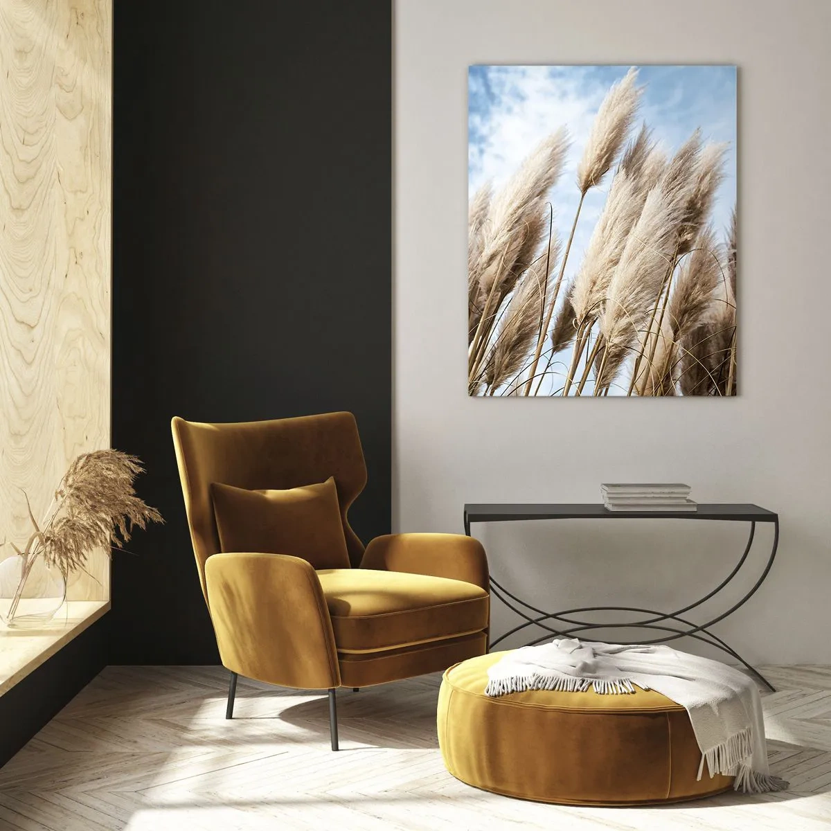 Impression sur verre - Image sur verre - Herbes de pampa délicates contre un ciel bleu avec des nuages légers - 70x100cm - Caresse ensoleillée et venteuse - Décoration murale moderne pour le salon et la chambre ARTTOR
