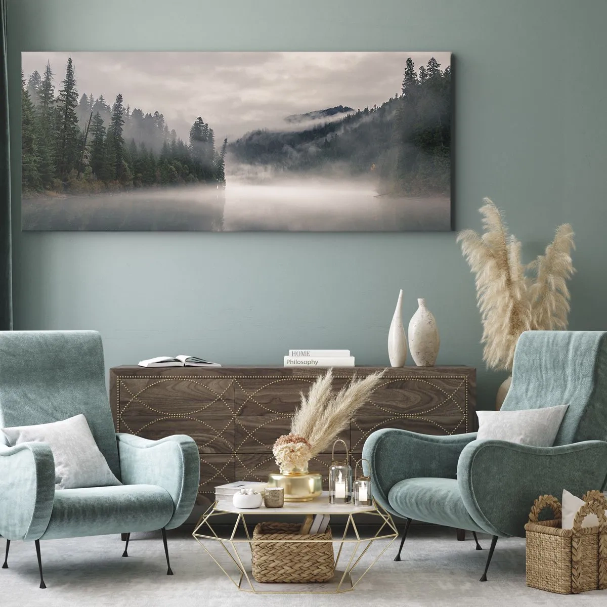 Impression sur toile - Image sur toile - Une forêt brumeuse se reflétant dans un lac calme - 140x50cm - Reflet dans le brouillard - Décoration murale moderne pour le salon et la chambre ARTTOR