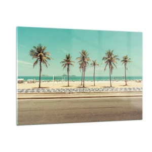Impression sur verre - Image sur verre - Palmiers sur la promenade avec la plage et l'océan en arrière-plan - 120x80cm - Gardien de plage - Décoration murale moderne pour le salon et la chambre ARTTOR