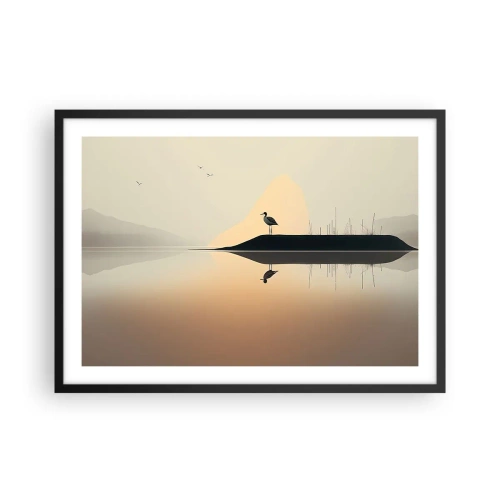 Affiche dans un cadre noir - Poster - Un oiseau sur une île dans un lac calme aux teintes chaudes - 70x50cm - Le seigneur du lac - Décoration murale moderne pour le salon et la chambre ARTTOR