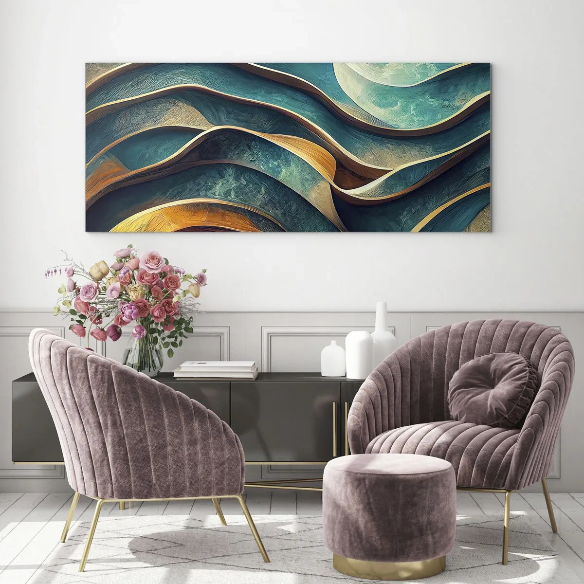 Impression sur verre - Image sur verre - Vagues abstraites dans des tons turquoise et or - 160x50cm - Méandres de bleu - Décoration murale moderne pour le salon et la chambre ARTTOR