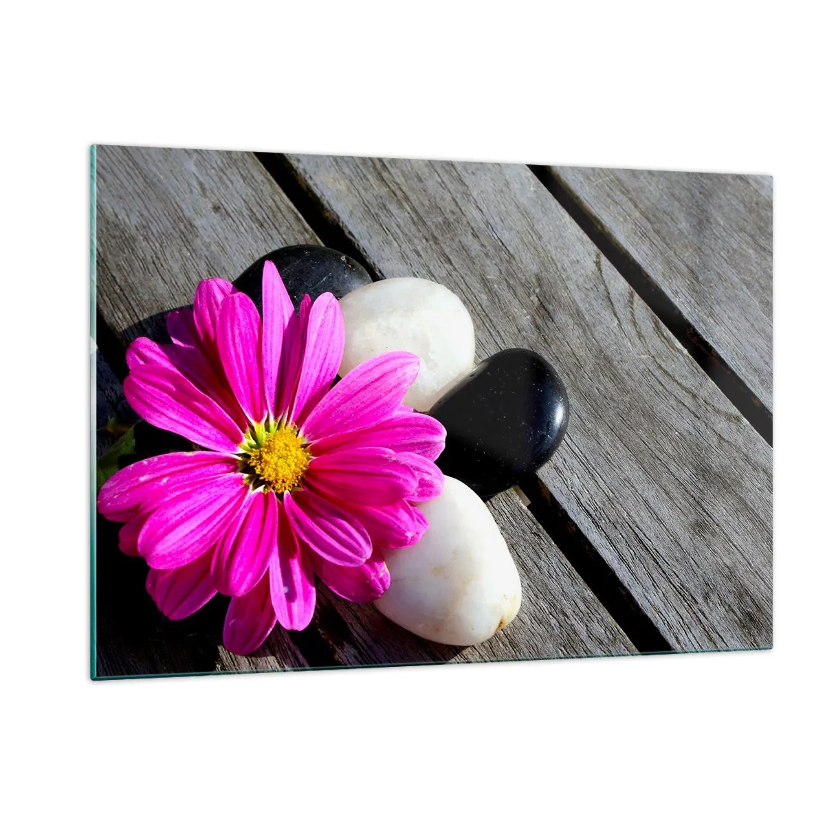 Impression sur verre - Image sur verre - Fleur rose avec des pierres sur un fond en bois - 120x80cm - Repos sur la jetée - Décoration murale moderne pour le salon et la chambre ARTTOR