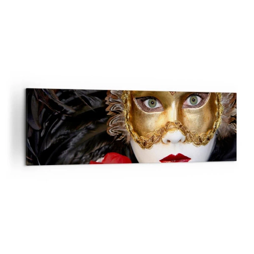 Impression sur toile - Image sur toile - Masque vénitien doré avec plumes et rose rouge, motif mystérieux. - 160x50cm - Parce que la vie est un grand bal - Décoration murale moderne pour le salon et la chambre ARTTOR